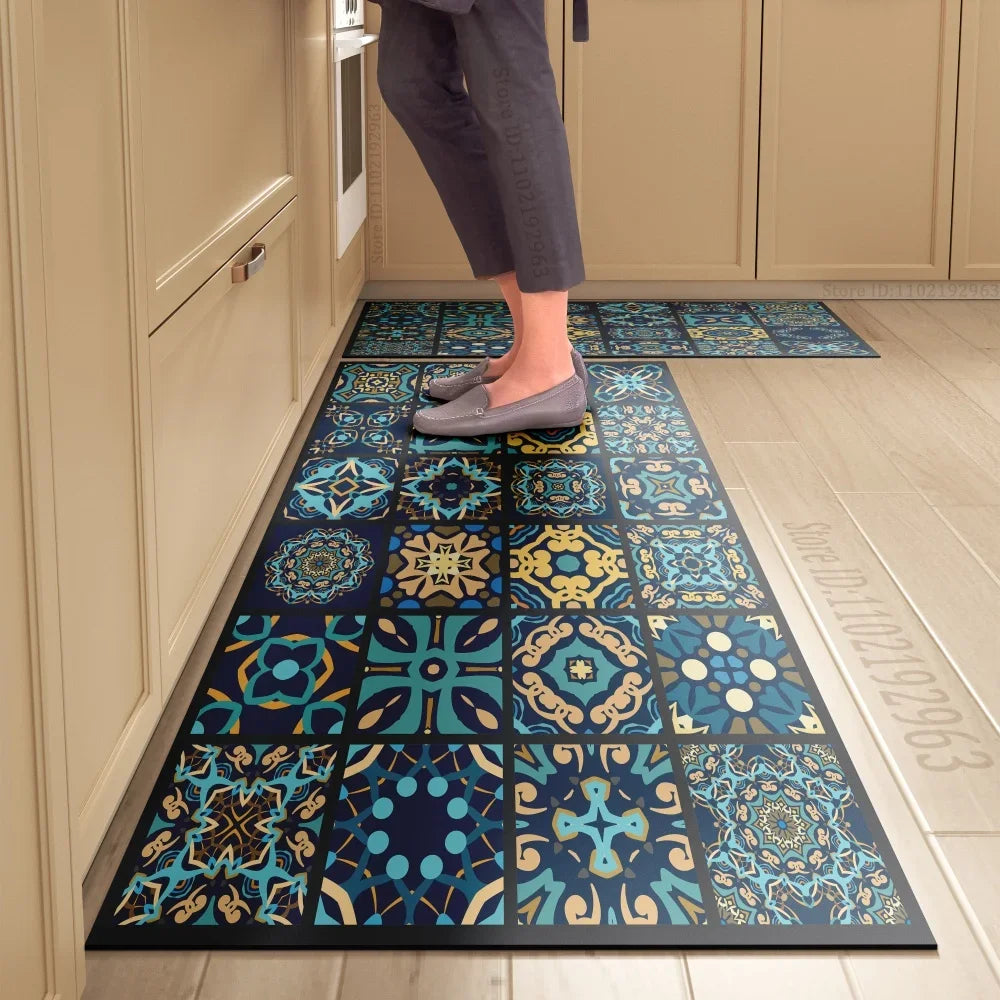 Tapis de cuisine carreaux de ciment bleu