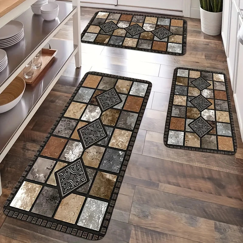 Tapis cuisine  carreaux de ciment marron