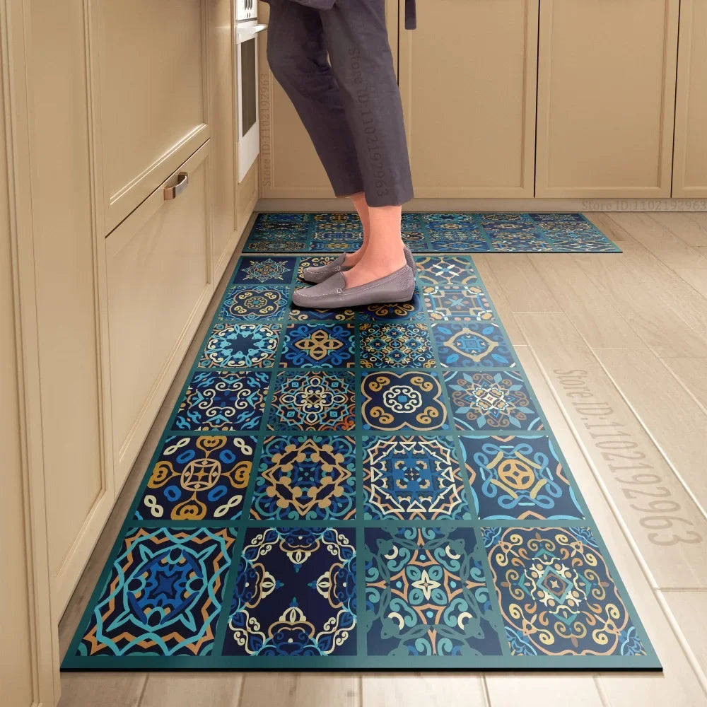 Tapis de cuisine carreaux de ciment bleu