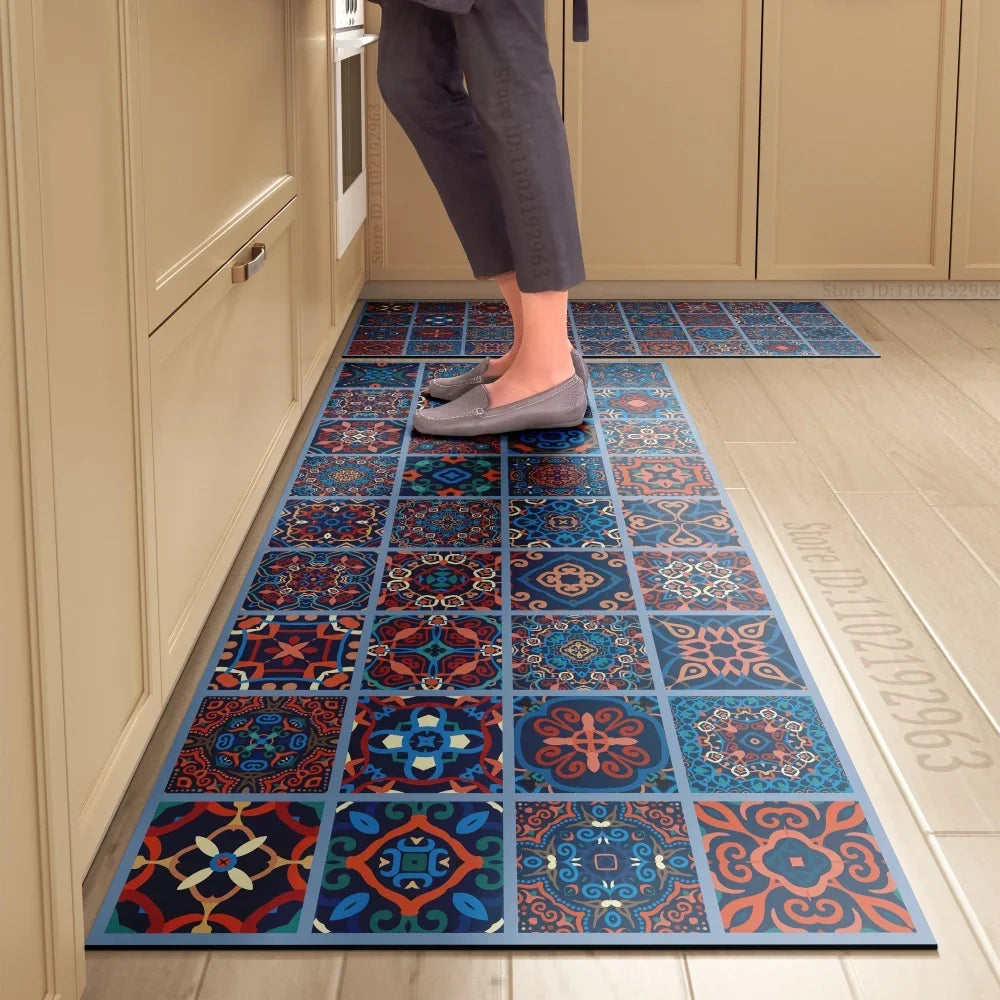 Tapis de cuisine carreaux de ciment bleu