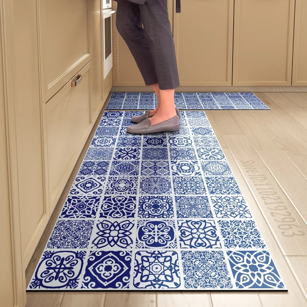 Tapis de cuisine carreaux de ciment bleu