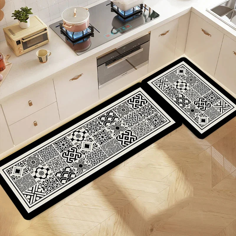 tapis cuisine  carreaux de ciment noir et blanc