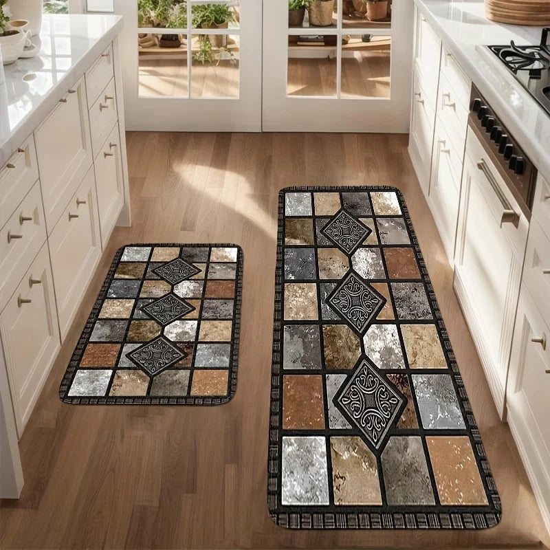 Tapis cuisine  carreaux de ciment marron