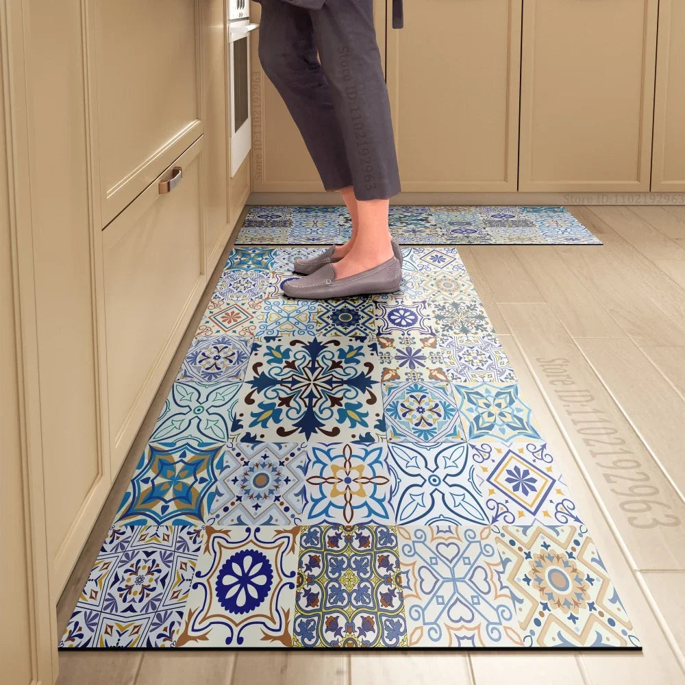 Tapis de cuisine carreaux de ciment bleu