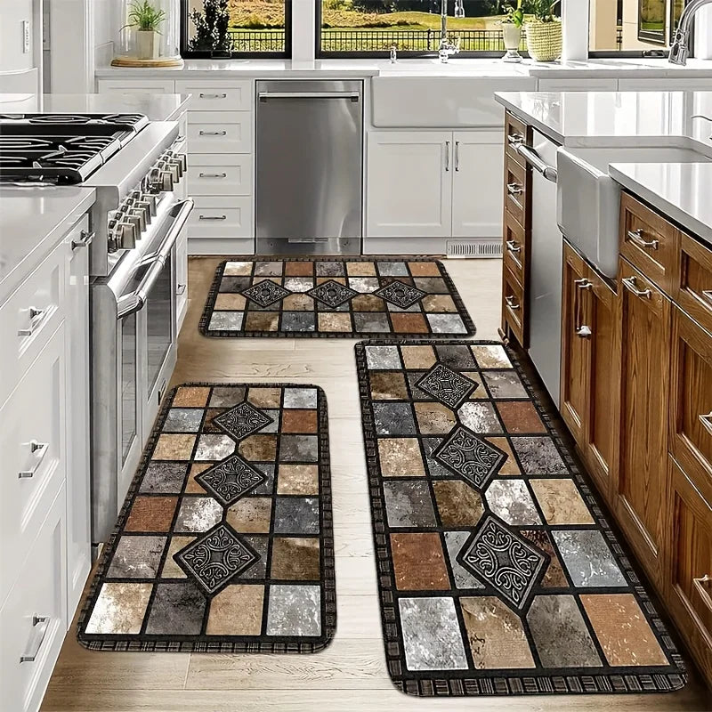 Tapis cuisine  carreaux de ciment marron