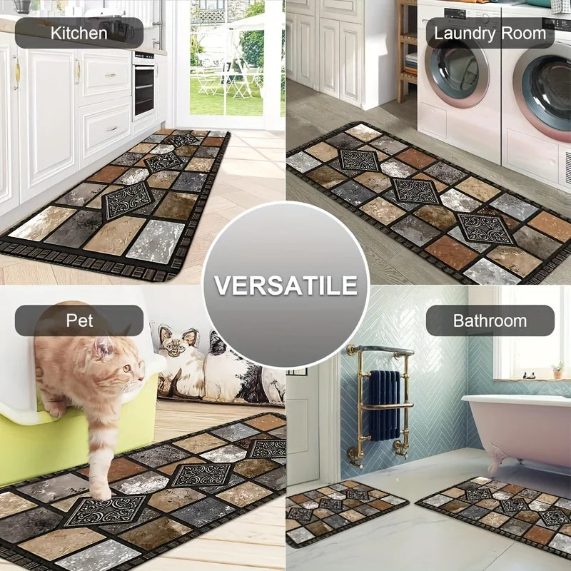 Tapis cuisine  carreaux de ciment marron