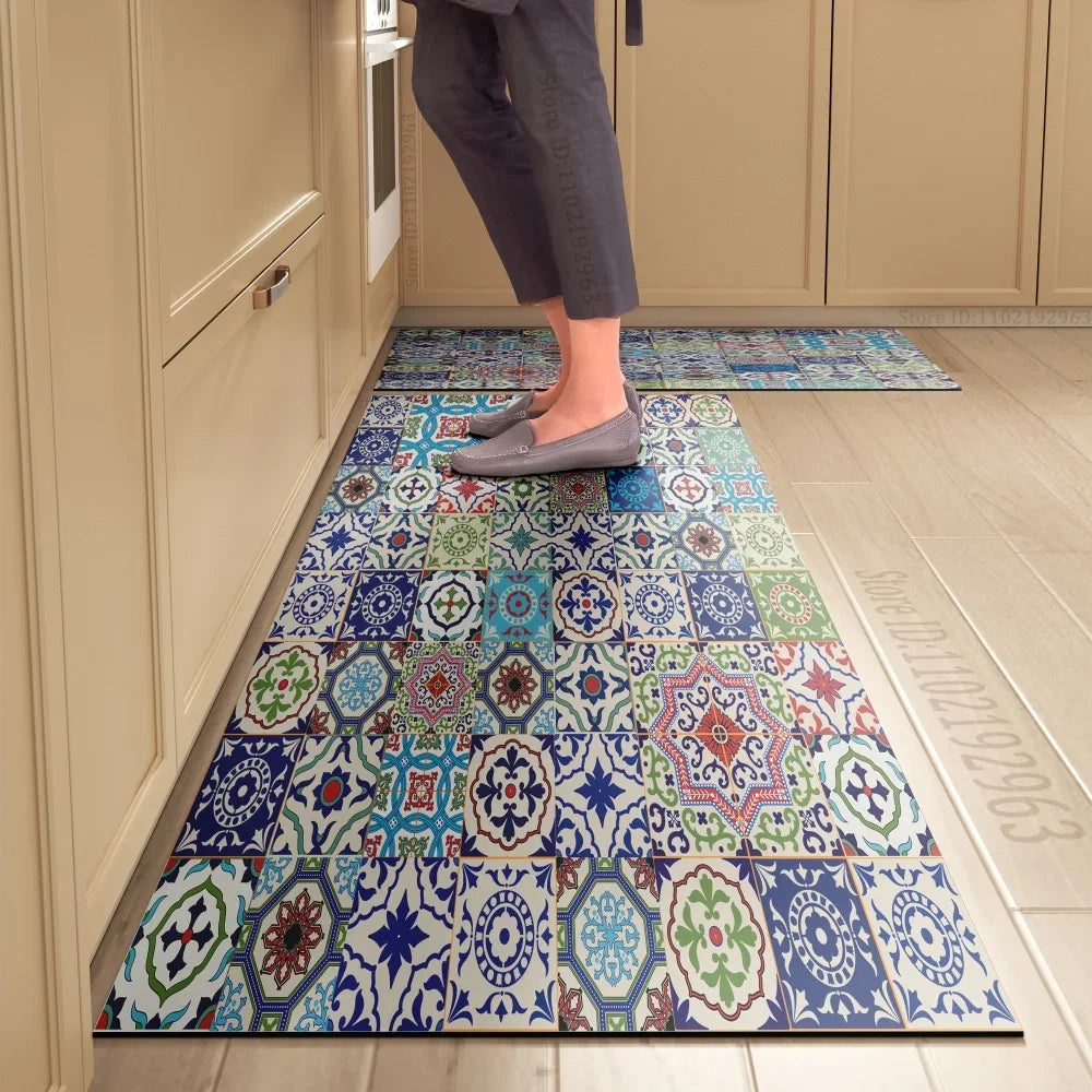 Tapis de cuisine carreaux de ciment bleu